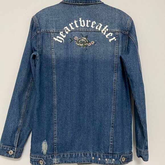 "Heartbreaker" Embroidered, Distressed Jean Jacket - Picture 8 of 12